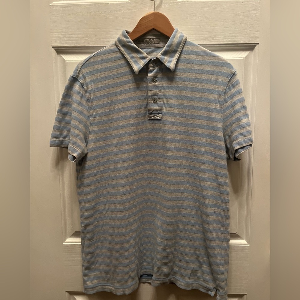 PRE-OWNED ONASSIS MEN'S BLUE & GRAY STRIPE POLO SHIRT- LARGE
